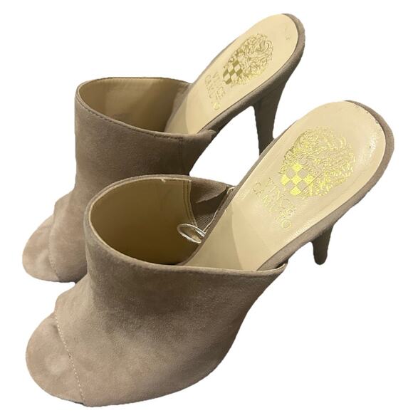 Vince Camuto Taupe Slip On Open Toe Neutral Suede Stiletto Heel Shoes Size 8 - Picture 2 of 8